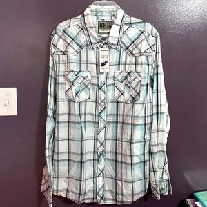 NWT BKE Buckle Men’s Plaid Pearl Snap Shirt Long Sleeve Size Large Athletic